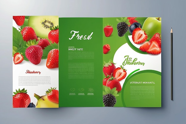 Zdjęcie szablon projektowania broszury wektorowej z rozmytym tłem z owocami i truskawkami
