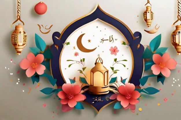szablon projektu Eid al fitr ozdobiony uroczą latarnią, półksiężycem i kwiatem
