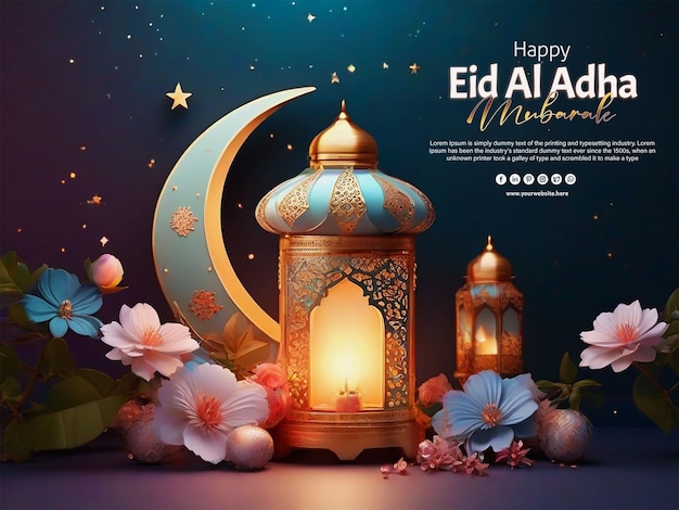 Szablon projektu Eid al fitr ozdobiony uroczą latarnią, półksiężycem i kwiatem