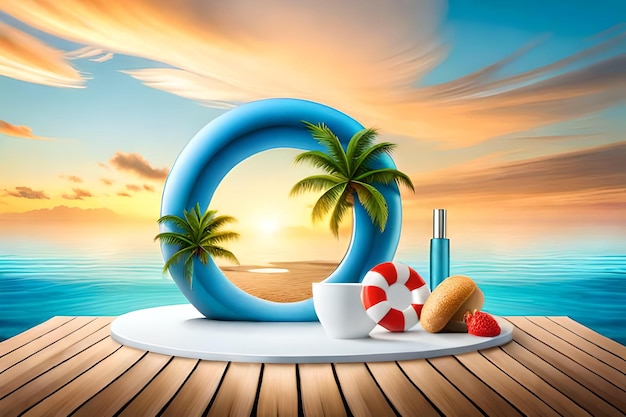 Szablon reklamy kosmetycznej 3D w motywie wakacji na wyspie Tube makieta na okrągłym podium