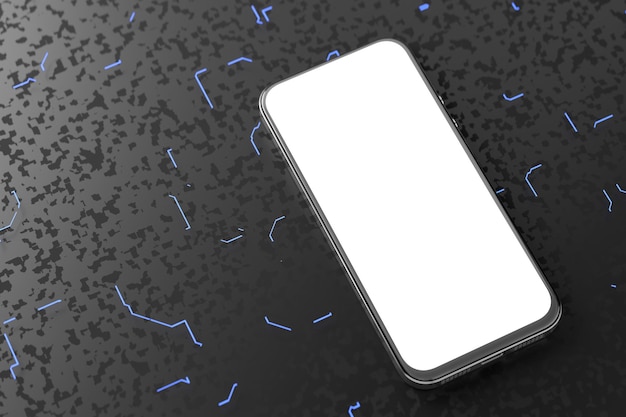 Szablon smartfona z białym ekranem na ciemnym tle futurystycznym. renderowania 3D.