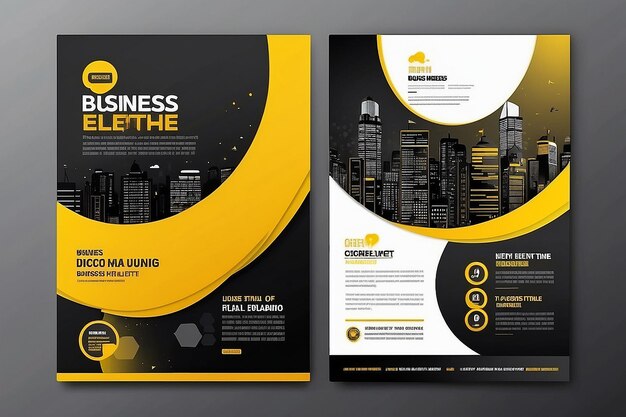 Szablon ulotki biznesowej zestaw projektowy szablon ulotka korporacyjna rozmiar A4 Abstrakt czarno-żółte bąbelki mowy