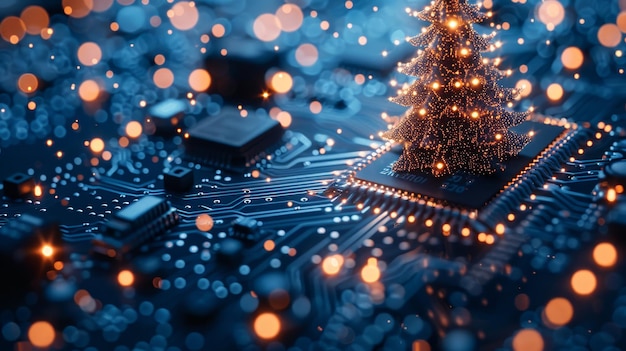 Zdjęcie szablon wesołych świąt i nowego roku w stylu nowej technologii drzewo bożonarodzeniowe na płytce obwodów drukowanych śnieżyca płatki śniegu z elektronicznych impulsów i sygnałów tech 2024