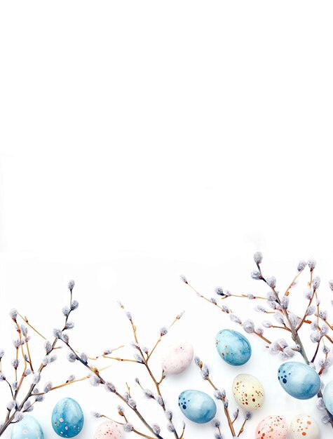 Szablon wielkiego wielkanocnego, ręcznie narysowanego akwarelu z ozdobionymi jajkami wielkanocnymi i kwiatami