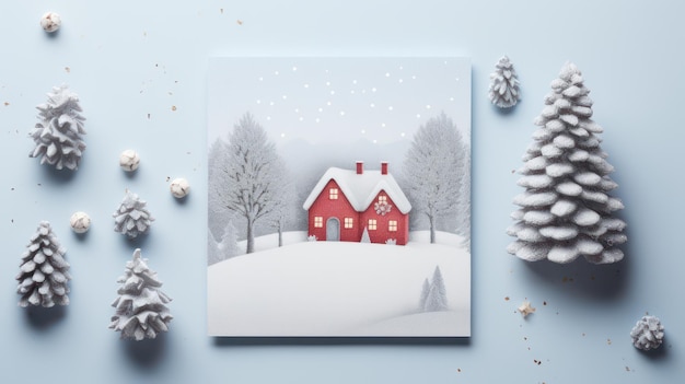 Szablon wizytówki z zimową tematyką z obrazem wiejskiego domu i dekoracją iglastych drzew