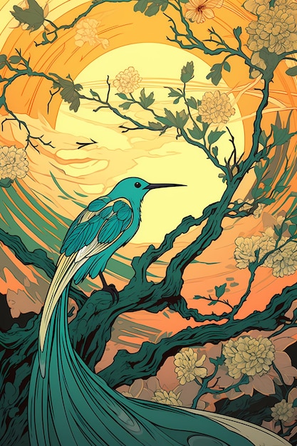 szablony plakatów z ptakiem na gałęzi w stylu ilustracji