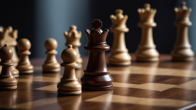 Zdjęcie szachowa deska z szachowymi figurkami na niej i jedna z szachowych figur jest wykonana przez króla