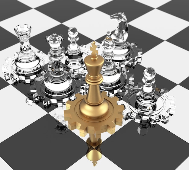 Zdjęcie szachowy król i koła zębate, co oznacza przywództwo. renderowanie w trzech wymiarach.