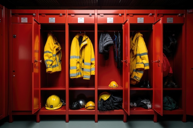 Szafa strażaków z sprzętem Uniformy hełm buty i narzędzia do reakcji awaryjnej Szafa w stacji straży pożarnej mieszcząca sprzęt i mundury straży przeciwpożarowej AI Generowane