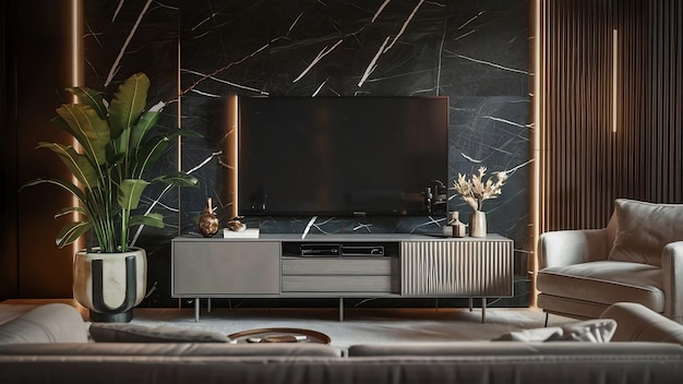 Szafa telewizyjna w nowoczesnym salonie z fotelem i rośliną na ciemnej marmurowej ścianie 3D