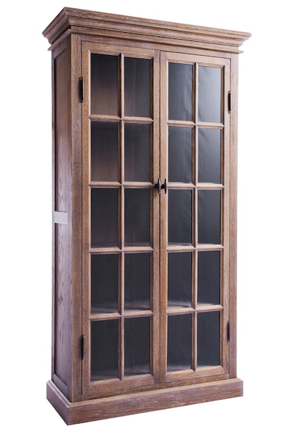 szafa ze szklanymi drzwiami wykonanymi z naturalnego drewna z półkami obiekt odizolowany na białym tle