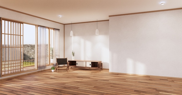 Szafka drewniana japoński projekt na salonie w stylu zen pusta ściana w tle. Renderowanie 3D