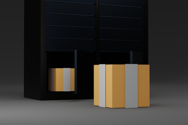 Szafka na zakupy Pudełka dostawcze na ciemnym tle zapakowane pudełko renderowania 3d
