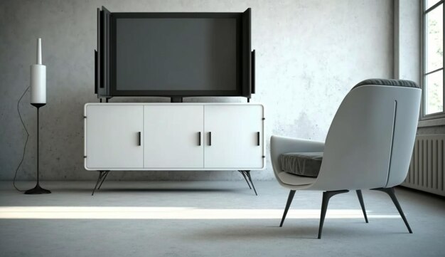 Szafka pod telewizor na białej ścianie gipsowej w salonie z fotelem o minimalistycznym designie Generative AI