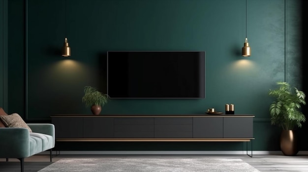 Szafka pod telewizor na ciemnozielonej ścianie w salonie minimalistyczny design Generative AI