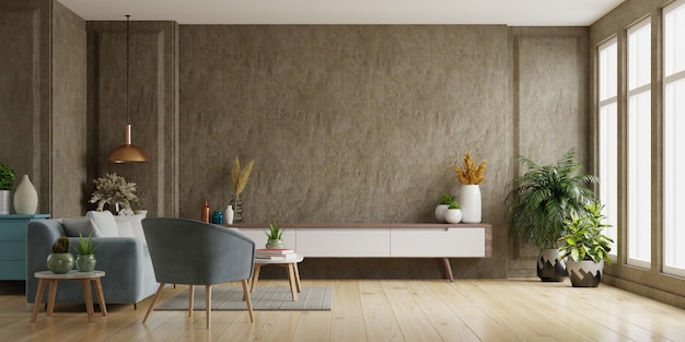 Szafka TV w nowoczesnym salonie betonowa ściana, renderowanie 3d