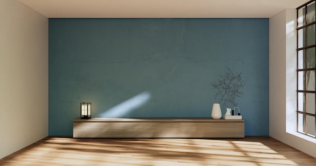Szafka w nowoczesnym salonie zen na jasnoniebieskim tle ściany renderowania 3d