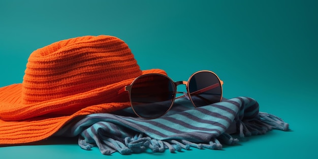 Szalik, okulary przeciwsłoneczne i kapelusz są na niebieskim tle.