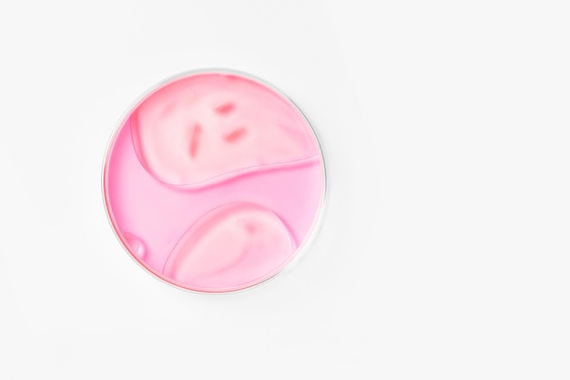 Szalka Petriego na jasnym tle Z różowym płynem Plamy wodne krople oleju Badanie wyrobów szklanych Pierwiastki chemiczne