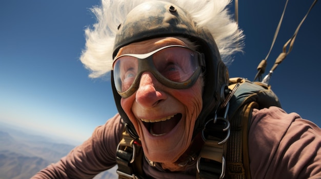 Szalona stara kobieta ćwicząca nurkowanie ze spadochronem