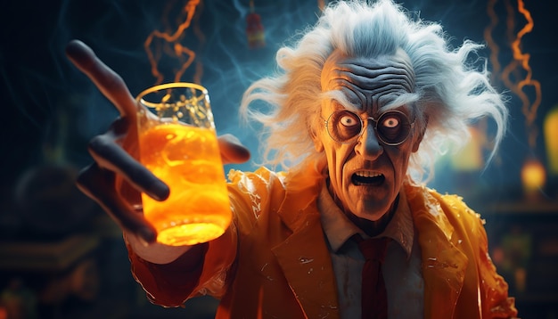 Szalony naukowiec pije pomarańczowy świecący płyn w stylu Halloween 3D