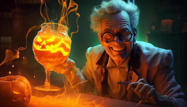 Zdjęcie szalony naukowiec pije pomarańczowy świecący płyn w stylu halloween 3d