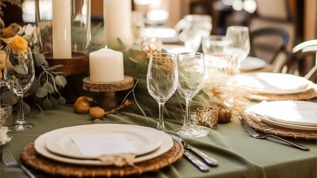 Szałwia, zielony, świąteczny krajobraz, formalne nakrycie stołu do jadalni, z dekoracją na przyjęcie weselne i uroczystości, postprocessingowa, generatywna sztuczna inteligencja