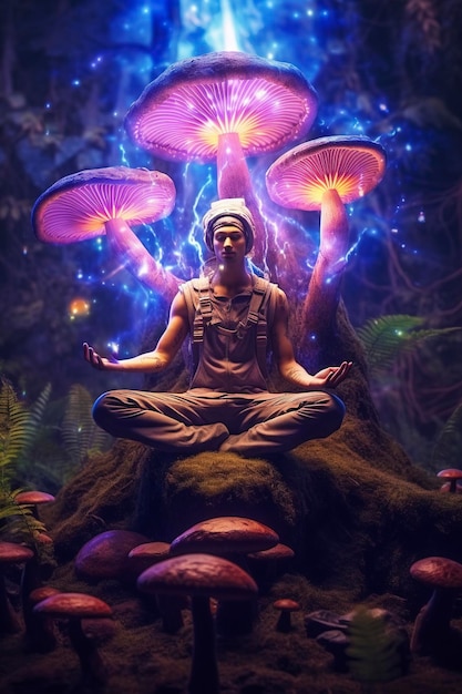Szaman medytujący pod grzybem renderuje 3d piękną ilustrację, rysunek wykonany ze światła