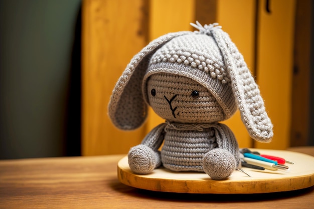 Zdjęcie szara czapka króliczka na drewnianym stole słodkie zabawki z dzianiny dla dzieci