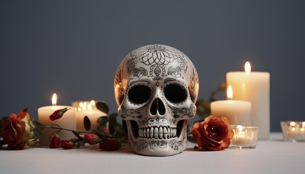 Szara koścista rzeźbiona czaszka ze świecą i kwiatami na tle w skali szarości