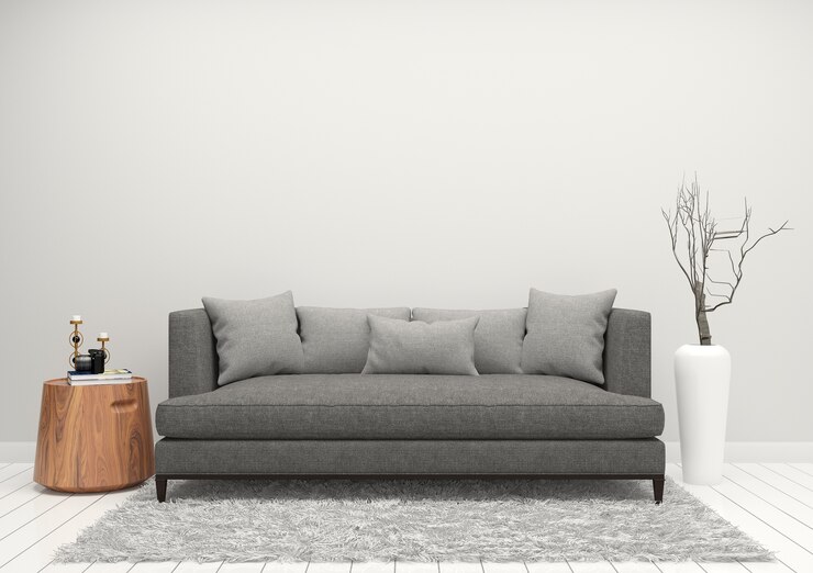 szara sofa drewniana podłoga z wnętrza wazon 3d tle