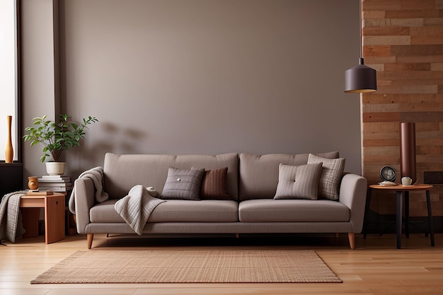 Szara sofa w brązowym salonie z miejscem na kopię