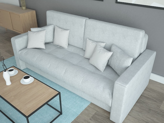 Zdjęcie szara sofa w szarym salonie z wieloma poduszkami