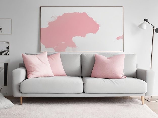Szara sofa z różowymi poduszkami i kocem na białej ścianie z plakatem z grafiką abstrakcyjną