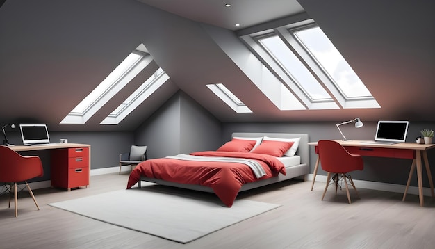 Szara sypialnia na strychu z czerwonym królewskim łóżkiem i domowym biurem Elegant Rooflights mockup