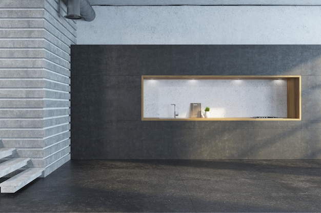 Szaro-betonowe wnętrze kuchni z ciemną podłogą, ciemnoszarymi blatami z zabudowanym sprzętem AGD i schodami w rogu. Makieta renderowania 3D