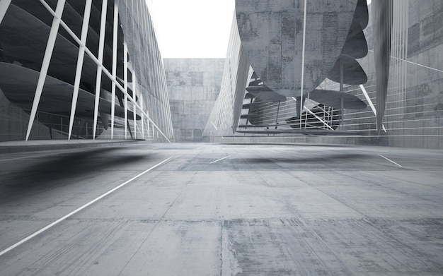 Szary betonowy parking z białym tłem i czarno-białym obrazem.