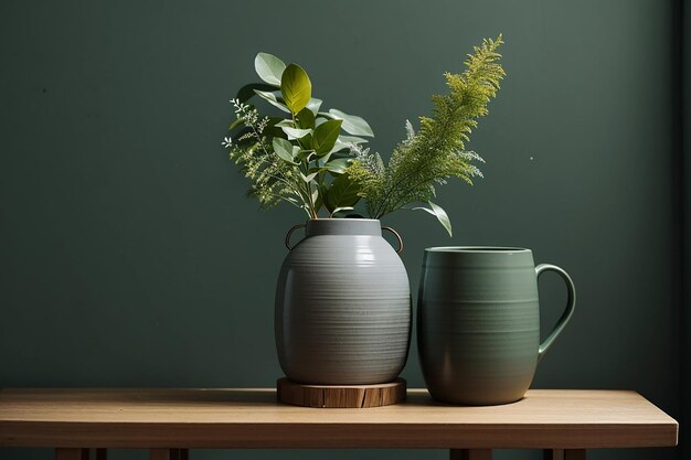Szary ceramiczny wazon z kubkiem na drewnianym stołku przy leśnej zielonej ścianie