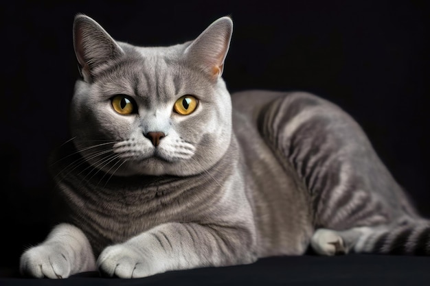 Szary czystej rasy brytyjski kot krótkowłosy z pomarańczowymi oczami leżący generowany przez sztuczną inteligencję