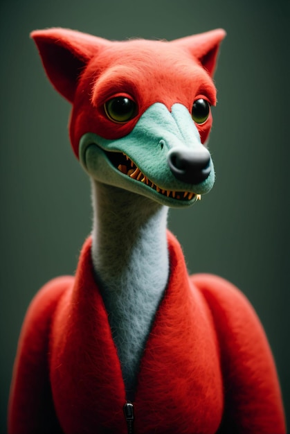 Szary dinozaur z czerwoną kurtką i dużymi oczami wymodelowany z gliny i filcu