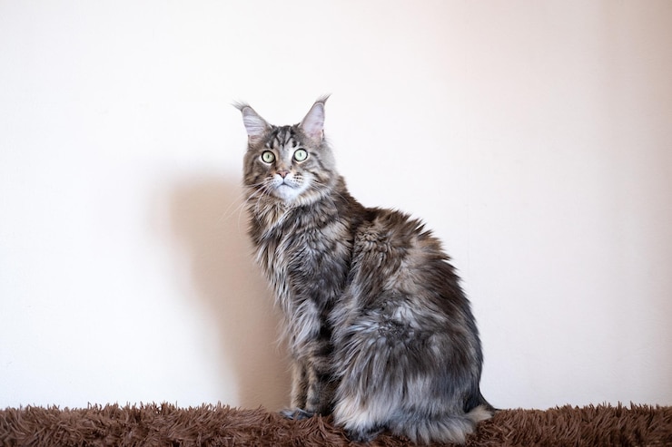 Zdjęcie szary duży kot w paski z zielonymi oczami rasa maine coon kot siedzi na jasnym tle