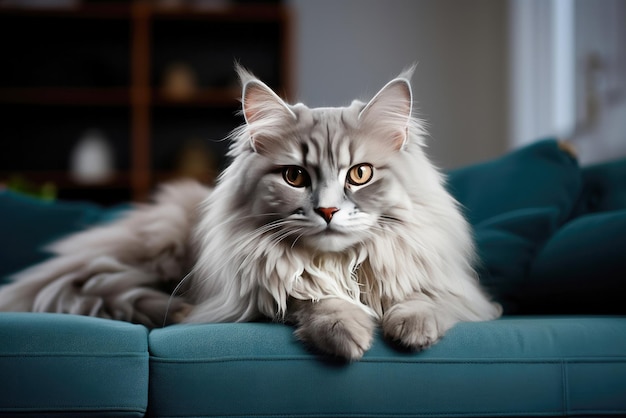 Szary kot brytyjski długowłosy leżący na kanapie w domu