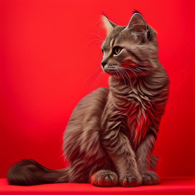 Szary kot siedzi na czerwonym tle z czerwonym tłem.