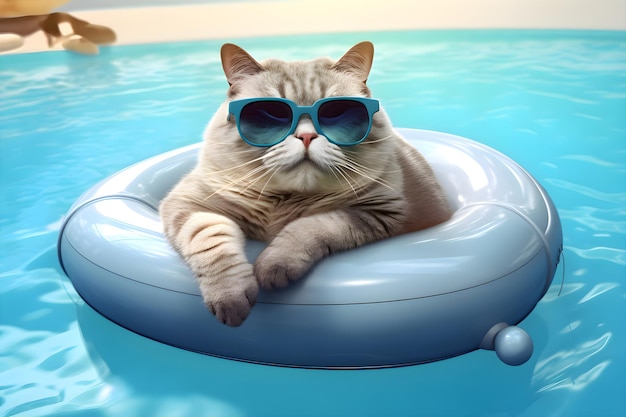 Szary kot w okularach na nadmuchiwanym kółku do pływania w basenie Generative AI