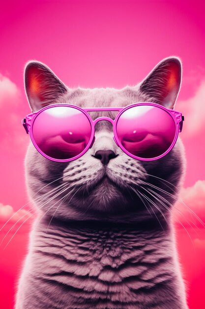 Szary kot z różowymi okularami w tle