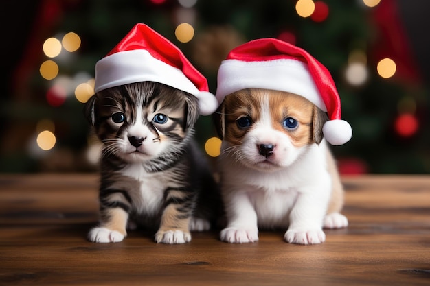 Szary kotek i czerwony szczeniak w czapkach Świętego Mikołaja na tle pocztówki z choinką