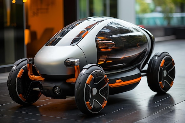 Zdjęcie szary mini samochód elektryczny zaparkowany na ulicy miasta mały i zabawny nowoczesny transport ekologiczny
