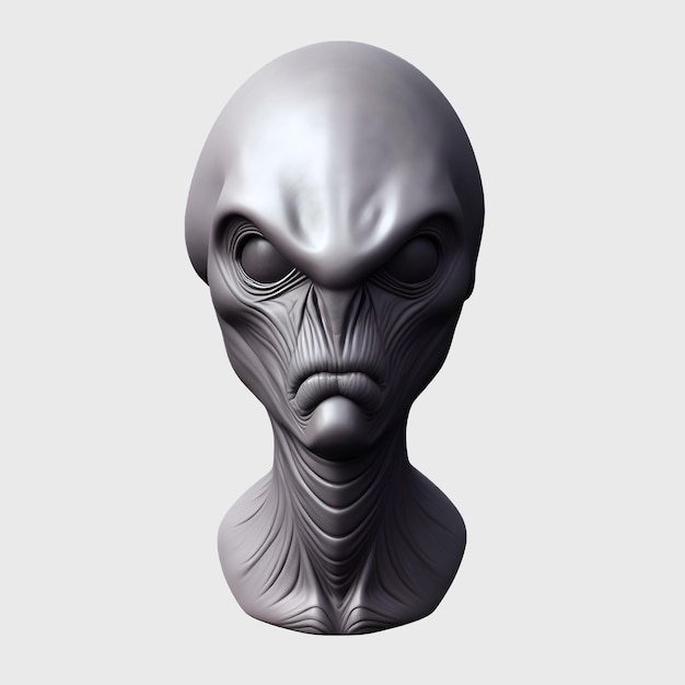 Szary model głowy kosmity z twarzą i oczami.