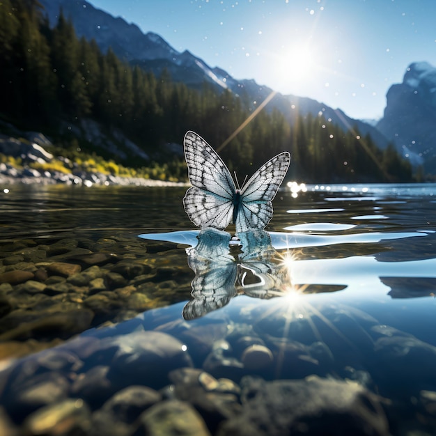 Zdjęcie szary motyl latający nad błyszczącą wodą