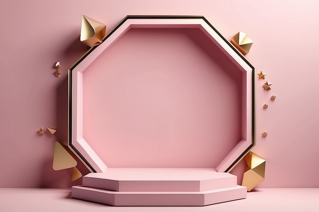 szary pięciokątny podium z złotymi kształtami na różowym pastelowym tle Projekt tła do promocji produktu renderowanie 3D